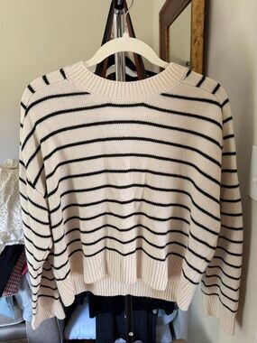 T Tahari Cream and Black Striped Crewneck Sweater